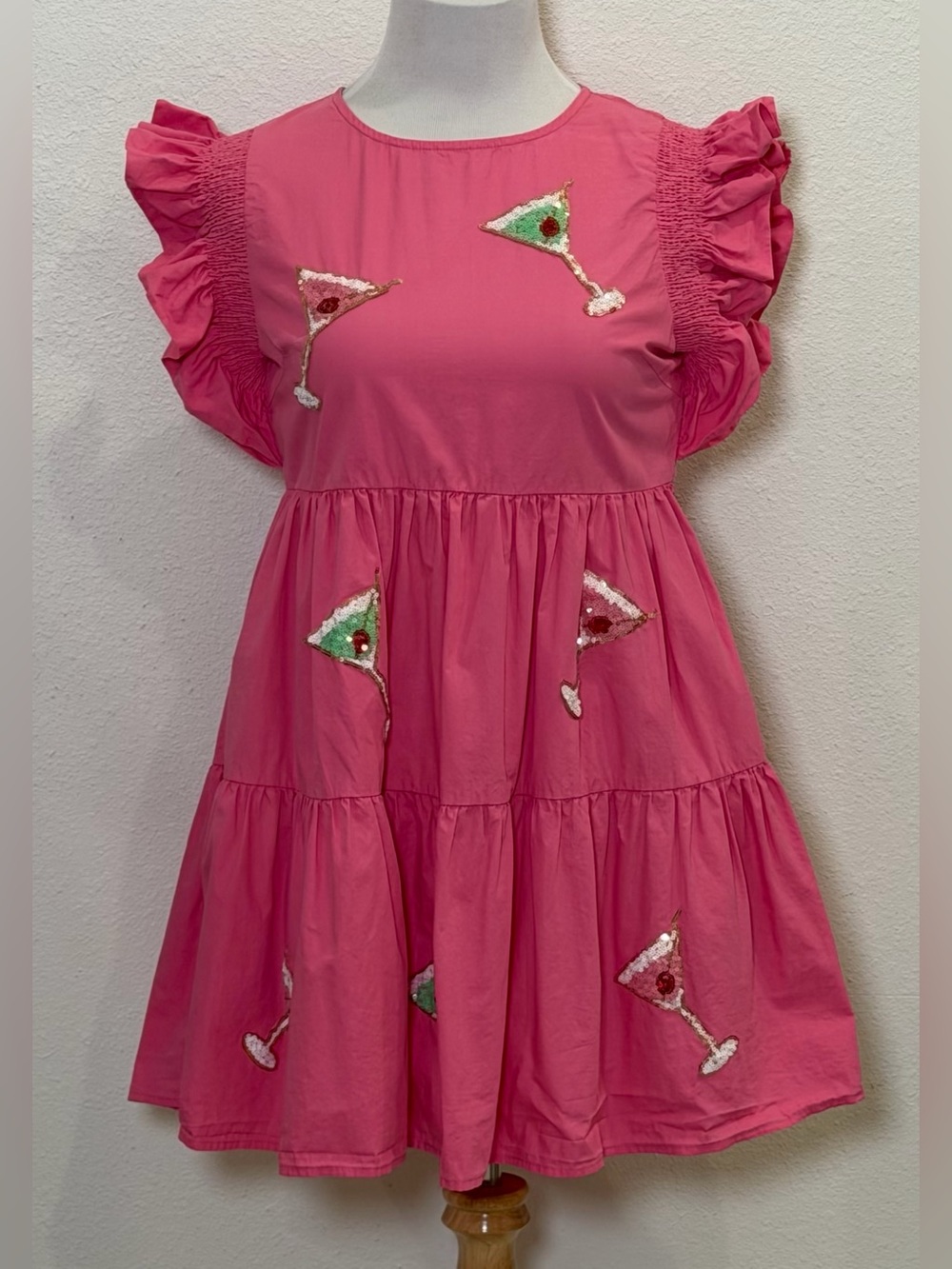 Peach Love Happy Hour Martini Patch Mini Dress Small Pink Sequin Ruffle Tiered